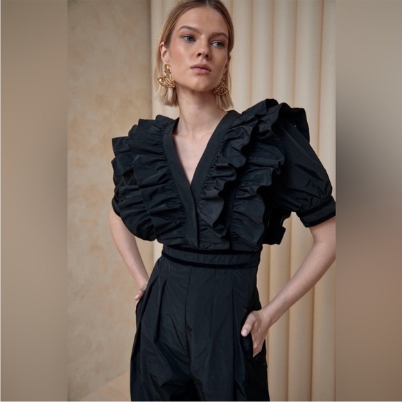 NWT HUNTER BELL Onyx Black Elva Ruffle Velvet Trim Jumpsuit Sz 4 - Picture 3 of 16
